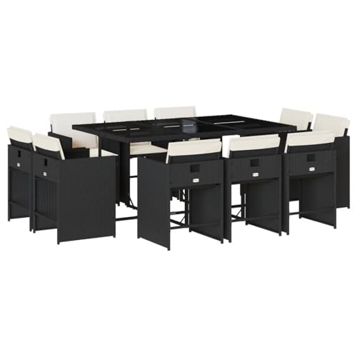 Vopese 11-TLG. Garten-Essgruppe mit Kissen Schwarz Poly Rattan Garten-Esstisch und Stühle Model3211206 von Vopese