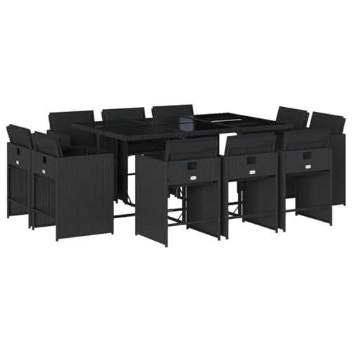 Vopese 11-TLG. Garten-Essgruppe mit Kissen Schwarz Poly Rattan Garten-Esstisch und Stühle Model3211207 von Vopese
