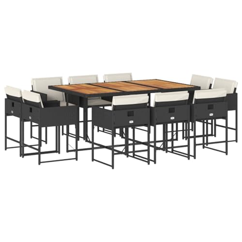 Vopese 11-TLG. Garten-Essgruppe mit Kissen Schwarz Poly Rattan Garten-Esstisch und Stühle Model3211395 von Vopese