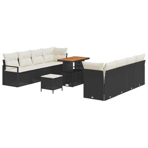 Vopese 11-teilige Garten Sofa Set mit Kissen Schwarz Poly Rattan Akazie, 2-Sitzer Garten Sofa mit Stauraum & Kissen Schwarz Poly Rattan, 3-teilige Garten Essgruppe mit Kissen Schwarz Poly Rattan Akazi von Vopese