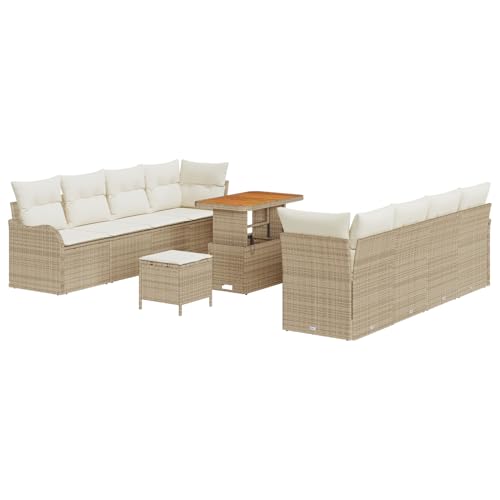 Vopese 11-teiliges Garten-Sofa-Set mit Kissen Beige Poly-Rattan Akazie, 2-Sitzer Garten-Sofa mit Kissen Beige Poly-Rattan, 3-teiliges Garten-Dining-Set mit Kissen Beige Poly-Rattan Akazie Terassenm?be von Vopese
