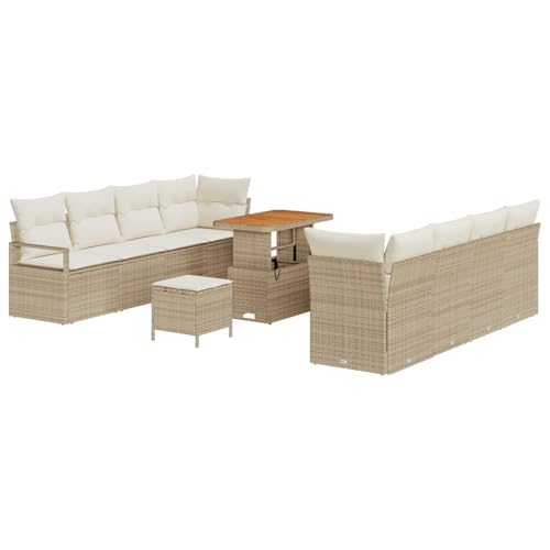 Vopese 11-teiliges Garten Sofa Set mit Kissen Beige Poly Rattan Akazie, 2-Sitzer Garten Sofa mit Kissen Beige Poly Rattan, 3-teiliges Garten Ess-Set mit Kissen Beige Poly Rattan Akazie Terassenm?bel A von Vopese