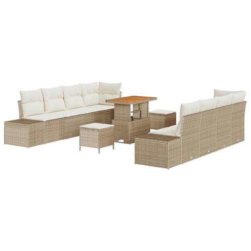 Vopese 11-teiliges Garten-Sofa-Set mit Kissen Beige Poly Rattan Akazie, 2-Sitzer Garten-Sofa mit Stauraum & Kissen Beige Poly Rattan, 3-teiliges Garten-Ess-Set mit Kissen Beige Poly Rattan Akazie Tera von Vopese