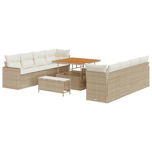 Vopese 11-teiliges Garten Sofa Set mit Kissen Beige Poly Rattan Akazie, 3-teiliges Garten Esstisch Set mit Kissen Beige Poly Rattan Akazie Lounge Sofa Outdoor Model3361596 von Vopese