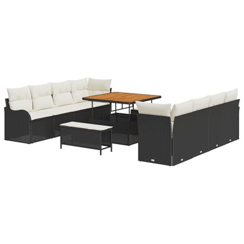 Vopese 11-teiliges Garten-Sofa-Set mit Kissen Schwarz Poly-Rattan Akazie, 2-Sitzer Garten-Sofa mit Kissen Schwarz Poly-Rattan, 3-teiliges Garten-Dining-Set mit Kissen Schwarz Poly-Rattan Akazie Terass von Vopese