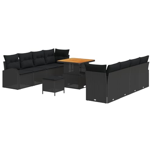 Vopese 11-teiliges Garten-Sofa-Set mit Kissen Schwarz Poly-Rattan Akazie, 2-Sitzer Garten-Sofa mit Kissen Schwarz Poly-Rattan, 3-teiliges Garten-Dining-Set mit Kissen Schwarz Poly-Rattan Akazie Terass von Vopese