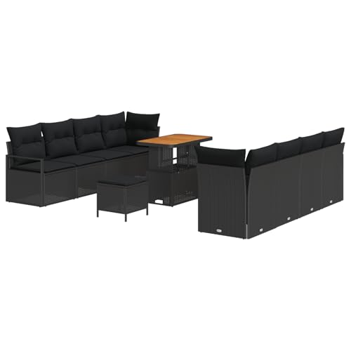 Vopese 11-teiliges Garten-Sofa Set mit Kissen Schwarz Poly Rattan Akazie, 2-Sitzer Garten Sofa mit Kissen Schwarz Poly Rattan, 3-teiliges Garten Ess-Set mit Kissen Schwarz Poly Rattan Akazie Terassenm von Vopese