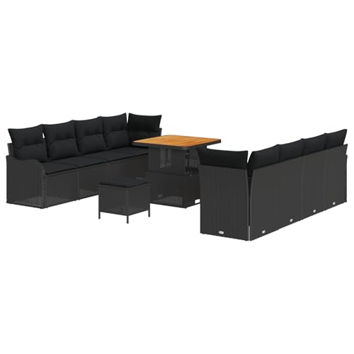 Vopese 11-teiliges Garten Sofa Set mit Kissen Schwarz Poly Rattan Akazie, 2-Sitzer Garten Sofa mit Kissen Schwarz Poly Rattan, 3-teiliges Garten Essgruppe mit Kissen Schwarz Poly Rattan Akazie Terasse von Vopese