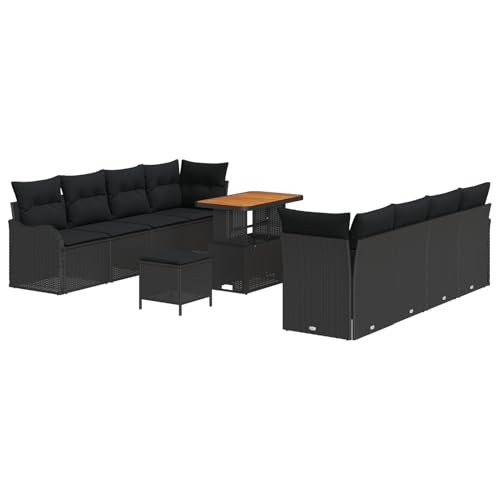 Vopese 11-teiliges Garten Sofa Set mit Kissen Schwarz Poly Rattan Akazie, 2-Sitzer Garten Sofa mit Kissen Schwarz Poly Rattan, 3-teiliges Garten Esszimmer Set mit Kissen Schwarz Poly Rattan Akazie Ter von Vopese