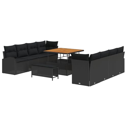 Vopese 11-teiliges Garten Sofa Set mit Kissen Schwarz Poly Rattan Akazie, 2-Sitzer Garten Sofa mit Kissen Schwarz Poly Rattan, 3-teiliges Garten Esszimmer Set mit Kissen Schwarz Poly Rattan Akazie Ter von Vopese