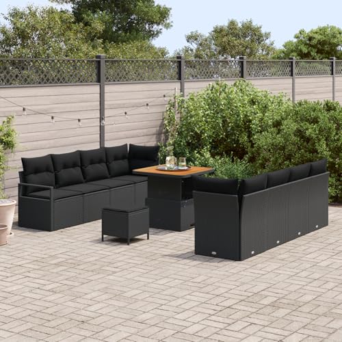 Vopese 11-teiliges Garten Sofa Set mit Kissen Schwarz Poly Rattan Akazie, 2-Sitzer Garten Sofa mit Kissen Schwarz Poly Rattan, 3-teiliges Garten Esszimmer Set mit Kissen Schwarz Poly Rattan Akazie Ter von Vopese
