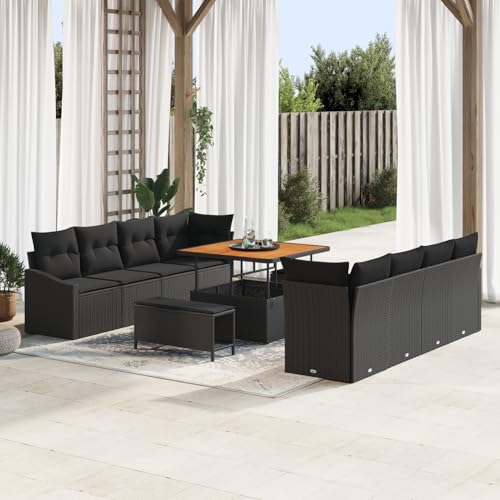 Vopese 11-teiliges Garten-Sofa-Set mit Kissen Schwarz Poly Rattan Akazie, 2-Sitzer Garten Sofa mit Stauraum & Kissen Schwarz Poly Rattan, 3-teilige Garten-Essgruppe mit Kissen Schwarz Poly Rattan Akaz von Vopese