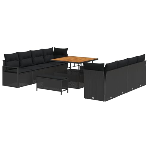 Vopese 11-teiliges Garten-Sofa-Set mit Kissen Schwarz Poly Rattan Akazie, 2-Sitzer Garten-Sofa mit Stauraum & Kissen Schwarz Poly Rattan, 3-teilige Garten-Essgruppe mit Kissen Schwarz Poly Rattan Akaz von Vopese
