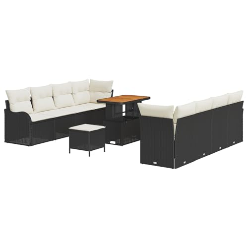 Vopese 11-teiliges Garten-Sofa-Set mit Kissen Schwarz Poly Rattan Akazie, 2-Sitzer Garten-Sofa mit Stauraum & Kissen Schwarz Poly Rattan, 3-teiliges Garten-Dining-Set mit Kissen Schwarz Poly Rattan Ak von Vopese