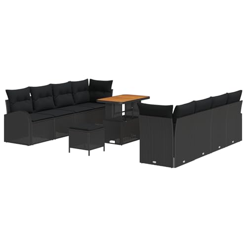 Vopese 11-teiliges Garten-Sofa-Set mit Kissen Schwarz Poly-Rattan Akazie, 2-Sitzer Garten-Sofa mit Stauraum & Kissen Schwarz Poly-Rattan, 3-teiliges Garten-Dining-Set mit Kissen Schwarz Poly-Rattan Ak von Vopese