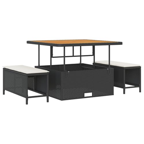 Vopese 11-teiliges Garten Sofa Set mit Kissen Schwarz Poly Rattan Akazie, 2-Sitzer Garten Sofa mit Stauraum & Kissen Schwarz Poly Rattan, 3-teiliges Garten Essset mit Kissen Schwarz Poly Rattan Akazie von Vopese