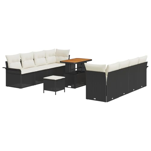Vopese 11-teiliges Garten Sofa Set mit Kissen Schwarz Poly Rattan Akazie, 2-Sitzer Garten Sofa mit Stauraum & Kissen Schwarz Poly Rattan, 3-teiliges Garten Esszimmer Set mit Kissen Schwarz Poly Rattan von Vopese