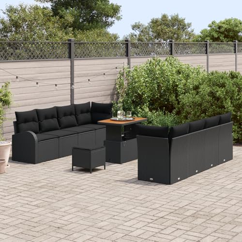 Vopese 11-teiliges Garten Sofa Set mit Kissen aus schwarzem Poly Rattan, 2-Sitzer Garten Sofa mit Kissen aus schwarzem Poly Rattan, 3-teiliges Garten Essset mit Kissen aus schwarzem Poly Rattan Terass von Vopese