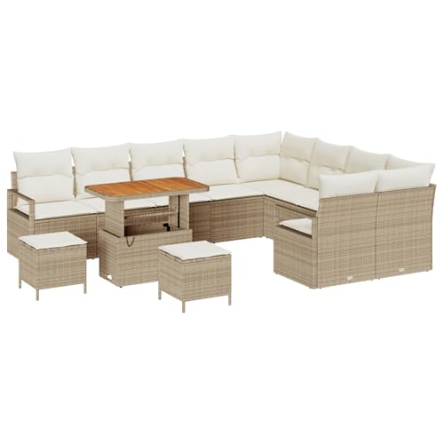 Vopese 12-teiliges Garten-Sofa-Set mit Kissen Beige Poly Rattan Akazie, 3-teiliges Garten-Ess-Set mit Kissen Beige Poly Rattan Akazie, 2-Sitzer Garten Sofa mit Kissen Beige Poly Rattan Terassenm?bel A von Vopese