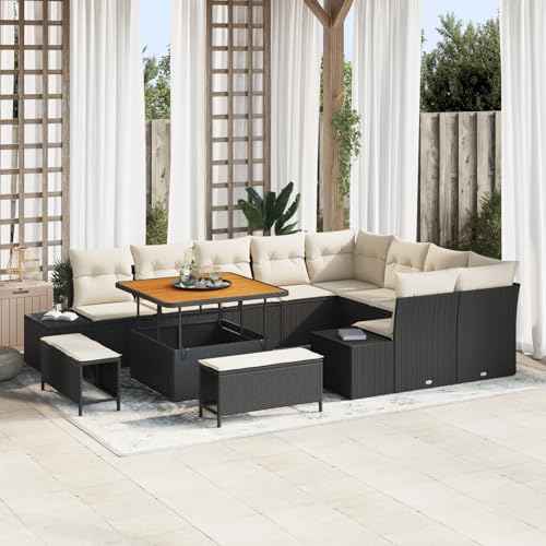 Vopese 12-teiliges Garten Sofa Set mit Kissen Schwarz Poly Rattan Akazie, 2-Sitzer Garten Sofa mit Stauraum & Kissen Schwarz Poly Rattan, 3-teilige Garten Essgruppe mit Kissen Schwarz Poly Rattan Akaz von Vopese