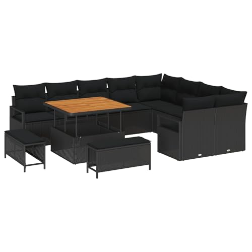 Vopese 12-teiliges Garten-Sofa-Set mit Kissen Schwarz Poly-Rattan Akazie, 2-Sitzer Garten-Sofa mit Stauraum & Kissen Schwarz Poly-Rattan, 3-teiliges Garten-Dining-Set mit Kissen Schwarz Poly-Rattan Ak von Vopese