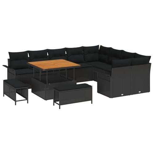 Vopese 12-teiliges Garten-Sofa-Set mit Kissen Schwarz Poly Rattan Akazie, 2-Sitzer Garten-Sofa mit Stauraum und Kissen Schwarz Poly Rattan, 3-teiliges Garten-Ess-Set mit Kissen Schwarz Poly Rattan Aka von Vopese