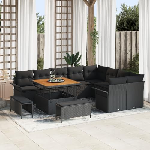 Vopese 12-teiliges Garten Sofa Set mit Kissen Schwarz Poly Rattan Akazie, 3-teiliges Garten Essset mit Kissen Schwarz Poly Rattan Akazie, 2-Sitzer Garten Sofa mit Kissen Schwarz Poly Rattan Terassenm? von Vopese