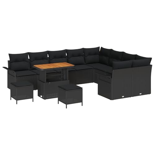 Vopese 12-teiliges Garten Sofa Set mit Kissen Schwarz Poly Rattan Akazie, 3-teiliges Garten Essset mit Kissen Schwarz Poly Rattan Akazie, 2-Sitzer Garten Sofa mit Kissen Schwarz Poly Rattan Terassenm? von Vopese