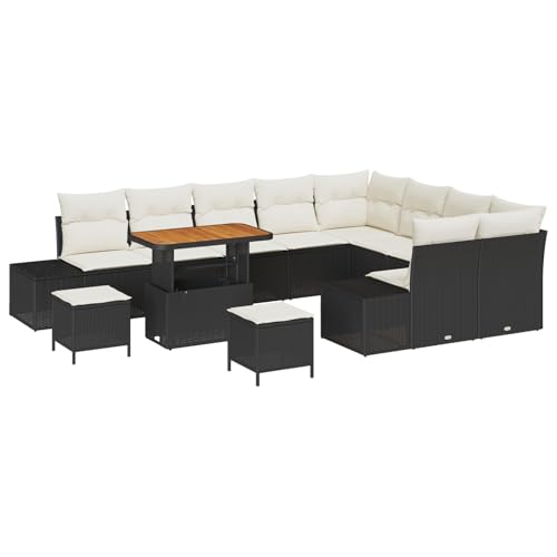 Vopese 12-teiliges Garten Sofa Set mit Kissen Schwarz Poly Rattan Akazie, 3-teiliges Garten Essset mit Kissen Schwarz Poly Rattan Akazie, 2-Sitzer Garten Sofa mit Kissen Schwarz Poly Rattan Terassenm? von Vopese
