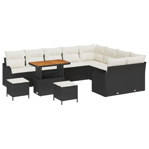 Vopese 12-teiliges Garten Sofa Set mit Kissen Schwarz Poly Rattan Akazie, 3-teiliges Garten Essset mit Kissen Schwarz Poly Rattan Akazie, 2-Sitzer Garten Sofa mit Kissen Schwarz Poly Rattan Terassenm? von Vopese