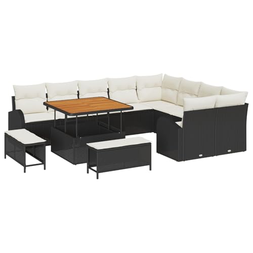 Vopese 12-teiliges Garten Sofa Set mit Kissen Schwarz Poly Rattan Akazie, 3-teiliges Garten Esszimmer Set mit Kissen Schwarz Poly Rattan Akazie, 2-Sitzer Garten Sofa mit Kissen Schwarz Poly Rattan Ter von Vopese