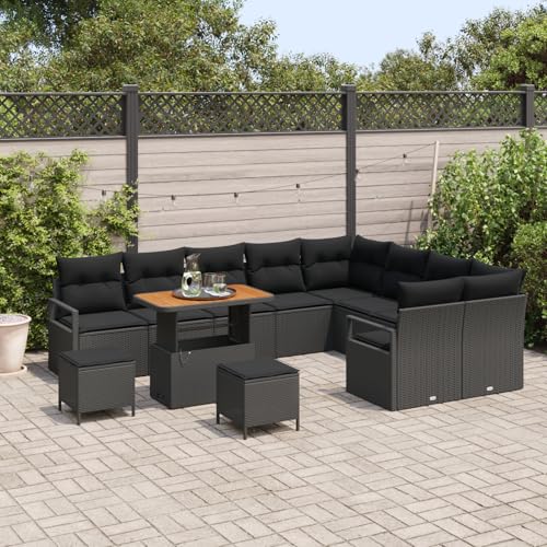 Vopese 12-teiliges Garten Sofa Set mit Kissen Schwarz Poly Rattan Akazie, 3-teiliges Garten Esszimmer Set mit Kissen Schwarz Poly Rattan Akazie, 2-Sitzer Garten Sofa mit Kissen Schwarz Poly Rattan Ter von Vopese