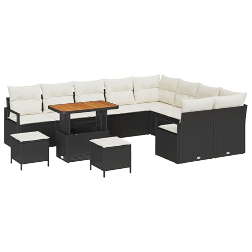 Vopese 12-teiliges Garten-Sofa-Set mit Kissen Schwarz Poly-Rattan Akazie, 3-teiliges Garten-Esszimmer-Set mit Kissen Schwarz Poly-Rattan Akazie, 2-Sitzer Garten-Sofa mit Kissen Schwarz Poly-Rattan Ter von Vopese