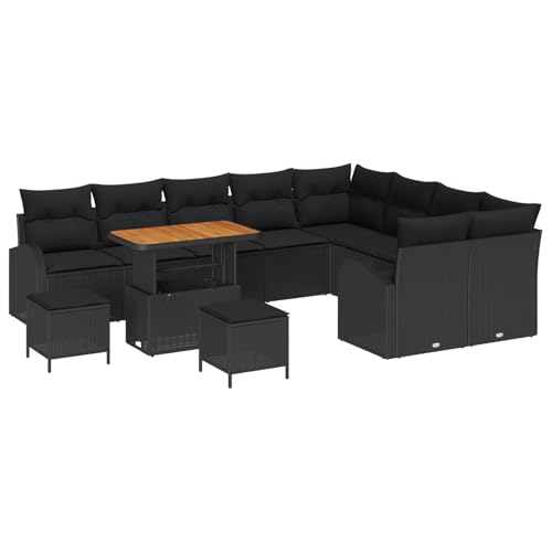 Vopese 12-teiliges Garten-Sofa-Set mit Kissen Schwarz Poly-Rattan Akazie, 3-teiliges Garten-Esszimmer-Set mit Kissen Schwarz Poly-Rattan Akazie, 2-Sitzer Garten-Sofa mit Kissen Schwarz Poly-Rattan Ter von Vopese