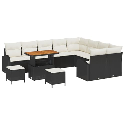 Vopese 12-teiliges Garten Sofa Set mit Kissen schwarzes Poly-Rattan Akazie, 3-teiliges Garten Esszimmer Set mit Kissen schwarzes Poly-Rattan Akazie, 2-Sitzer Garten Sofa mit Kissen schwarzes Poly-Ratt von Vopese