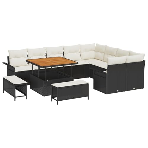 Vopese 12-teiliges Garten Sofaset mit Kissen Schwarz Poly Rattan Akazie, 2-Sitzer Garten Sofa mit Stauraum & Kissen Schwarz Poly Rattan, 3-teiliges Garten Esstischset mit Kissen Schwarz Poly Rattan Ak von Vopese