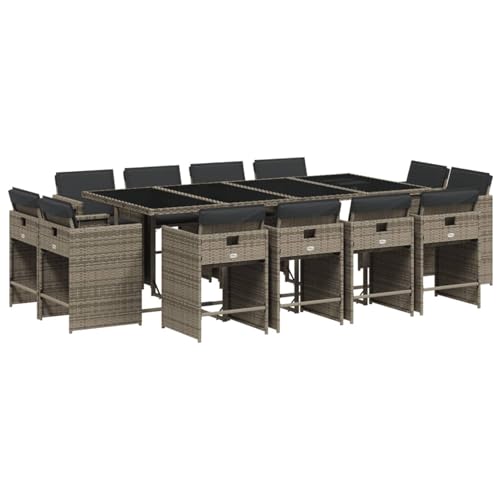 Vopese 13-TLG. Garten-Essgruppe mit Kissen Grau Poly Rattan Garten-Esstisch und Stühle Model3211220 von Vopese