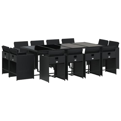 Vopese 13-TLG. Garten-Essgruppe mit Kissen Schwarz Poly Rattan Garten-Esstisch und Stühle Model3211219 von Vopese