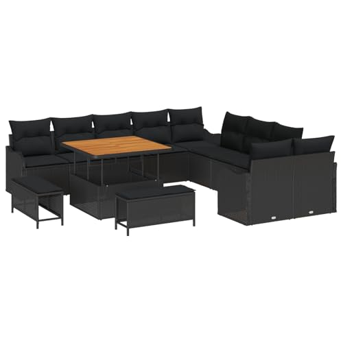 Vopese 13-teilige Garten Sofa Set mit Kissen Schwarz Poly Rattan Akazie, 2-Sitzer Garten Sofa mit Kissen Schwarz Poly Rattan, 3-teilige Garten Essgruppe mit Kissen Schwarz Poly Rattan Akazie Terassenm von Vopese
