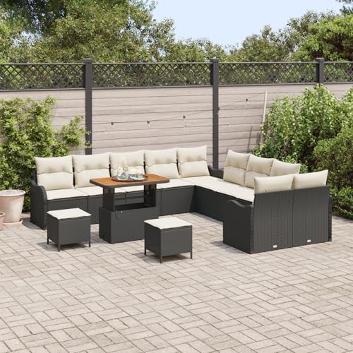 Vopese 13-teilige Garten Sofagarnitur mit Kissen Schwarz Poly Rattan Akazie, 2-Sitzer Garten Sofa mit Kissen Schwarz Poly Rattan, 3-teilige Garten Essgruppe mit Kissen Schwarz Poly Rattan Akazie Teras von Vopese