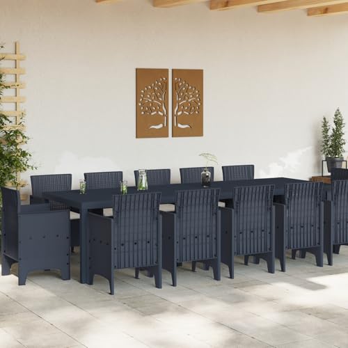 Vopese 13-teiliges Garten-Essset mit Kissen in Anthrazit aus Poly-Rattan, Gartentisch in Anthrazit 150x100x73 cm aus Poly-Rattan, Gartenstühle mit Kissen, 4 Stück in Anthrazit aus Poly-Rattan Terassen von Vopese