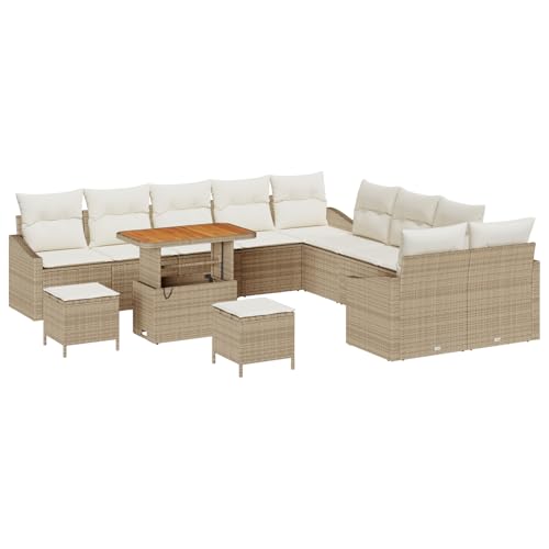 Vopese 13-teiliges Garten-Sofa-Set mit Kissen Beige Poly-Rattan Akazie, 2-Sitzer-Garten-Sofa mit Kissen Beige Poly-Rattan, 3-teiliges Garten-Ess-Set mit Kissen Beige Poly-Rattan Akazie Terassenm?bel A von Vopese