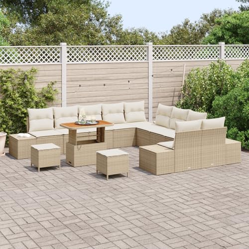 Vopese 13-teiliges Garten Sofa Set mit Kissen Beige Poly Rattan Akazie, 2-Sitzer Garten Sofa mit Kissen Beige Poly Rattan, 3-teiliges Garten Essenset mit Kissen Beige Poly Rattan Akazie Terassenm?Bel von Vopese