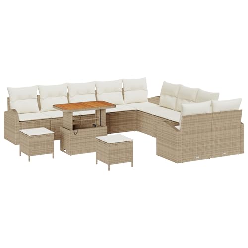 Vopese 13-teiliges Garten Sofa Set mit Kissen Beige Poly Rattan Akazie, 2-Sitzer Garten Sofa mit Stauraum & Kissen Beige Poly Rattan, 3-teiliges Garten Esszimmer Set mit Kissen Beige Poly Rattan Akazi von Vopese