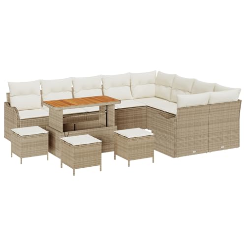 Vopese 13-teiliges Garten Sofa Set mit Kissen Beige Poly Rattan Akazie, 4-teiliges Garten Esszimmer Set mit Kissen Beige Poly Rattan Akazie, 2-Sitzer Garten Sofa mit Kissen Beige Poly Rattan Terassenm von Vopese