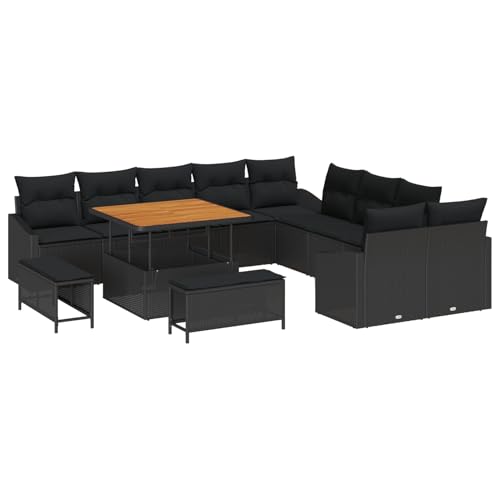 Vopese 13-teiliges Garten Sofa Set mit Kissen Schwarz Poly Rattan Akazie, 2-Sitzer Garten Sofa mit Kissen Schwarz Poly Rattan, 3-teiliges Garten Essenset mit Kissen Schwarz Poly Rattan Akazie Terassen von Vopese