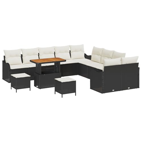 Vopese 13-teiliges Garten-Sofa-Set mit Kissen Schwarz Poly Rattan Akazie, 2-Sitzer Garten-Sofa mit Stauraum & Kissen Schwarz Poly Rattan, 3-teiliges Garten-Dining-Set mit Kissen Schwarz Poly Rattan Ak von Vopese