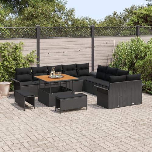 Vopese 13-teiliges Garten-Sofa-Set mit Kissen Schwarz Poly Rattan Akazie, 2-Sitzer Garten-Sofa mit Stauraum & Kissen Schwarz Poly Rattan, 3-teiliges Garten-Dining-Set mit Kissen Schwarz Poly Rattan Ak von Vopese