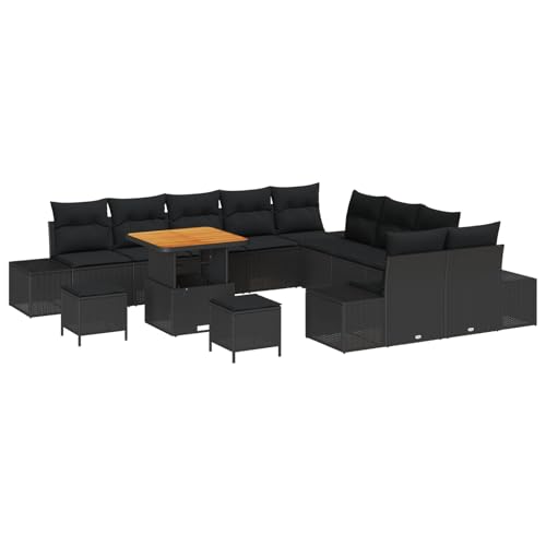 Vopese 13-teiliges Garten-Sofa Set mit Kissen Schwarz Poly-Rattan Akazie, 2-Sitzer Garten-Sofa mit Stauraum & Kissen Schwarz Poly-Rattan, 3-teiliges Garten-Essset mit Kissen Schwarz Poly-Rattan Akazie von Vopese