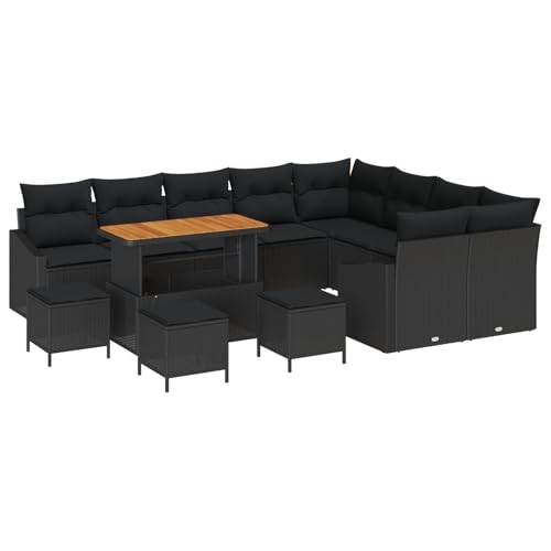 Vopese 13-teiliges Garten Sofa Set mit Kissen Schwarz Poly Rattan Akazie, 2-Sitzer Garten Sofa mit Stauraum & Kissen Schwarz Poly Rattan, 4-teiliges Garten Essset mit Kissen Schwarz Poly Rattan Akazie von Vopese